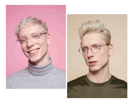 Blonder Mann trägt zwei verschiedene Metall-Brillen von VOOY Eyewear